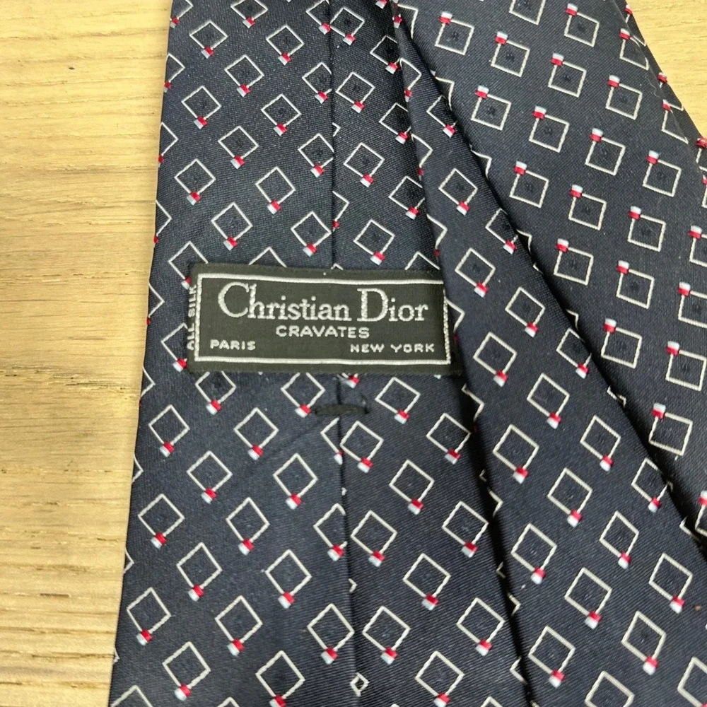 Christian Dior Cravates Tie Navy Blue Silk Geometric Print Vintage Designer